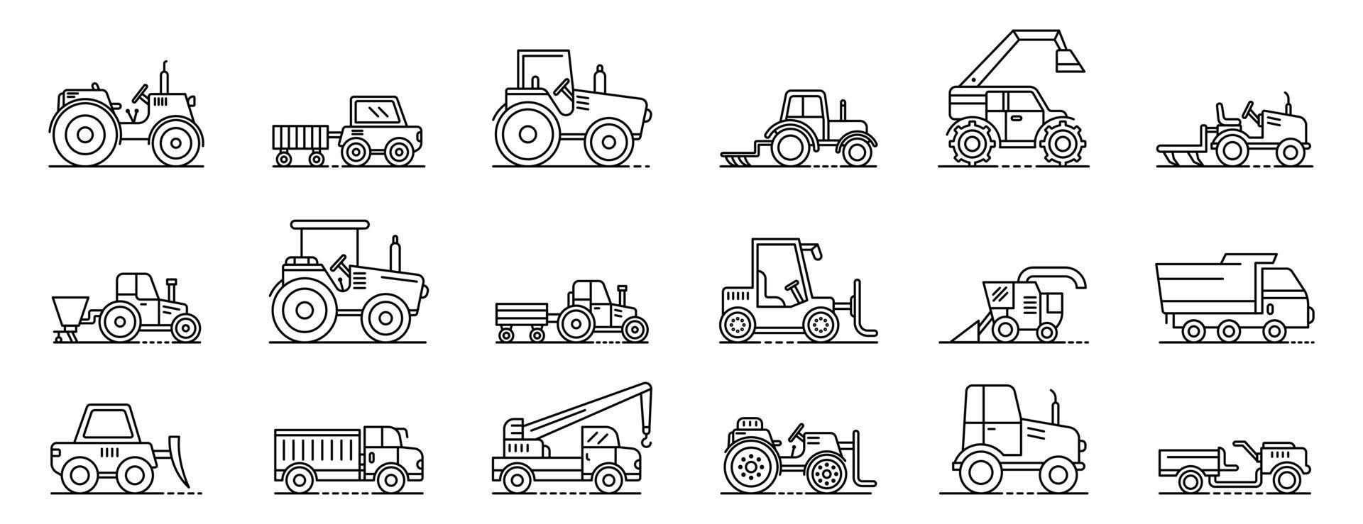 Agricultural machines icons set, outline style vector