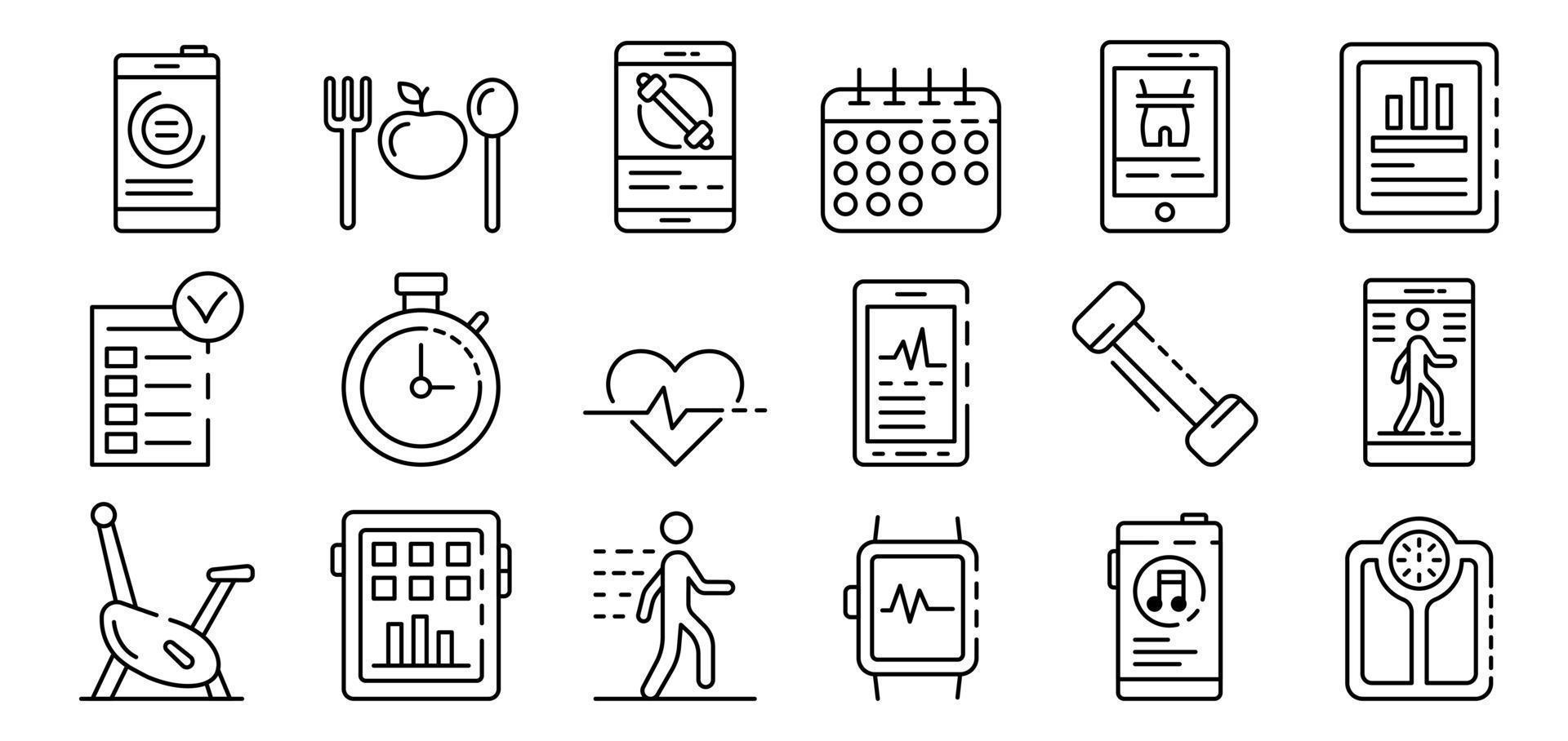 Apps for fitness icons set, outline style vector