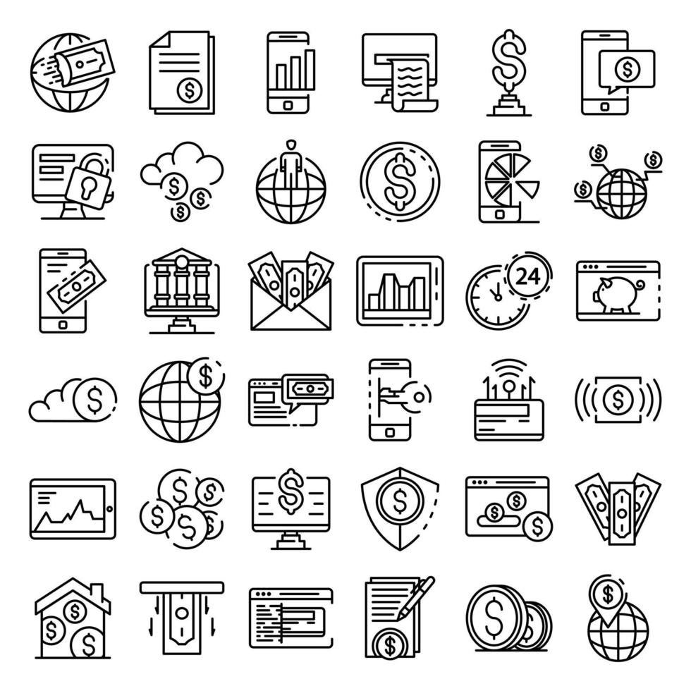 Internet banking icons set, outline style vector