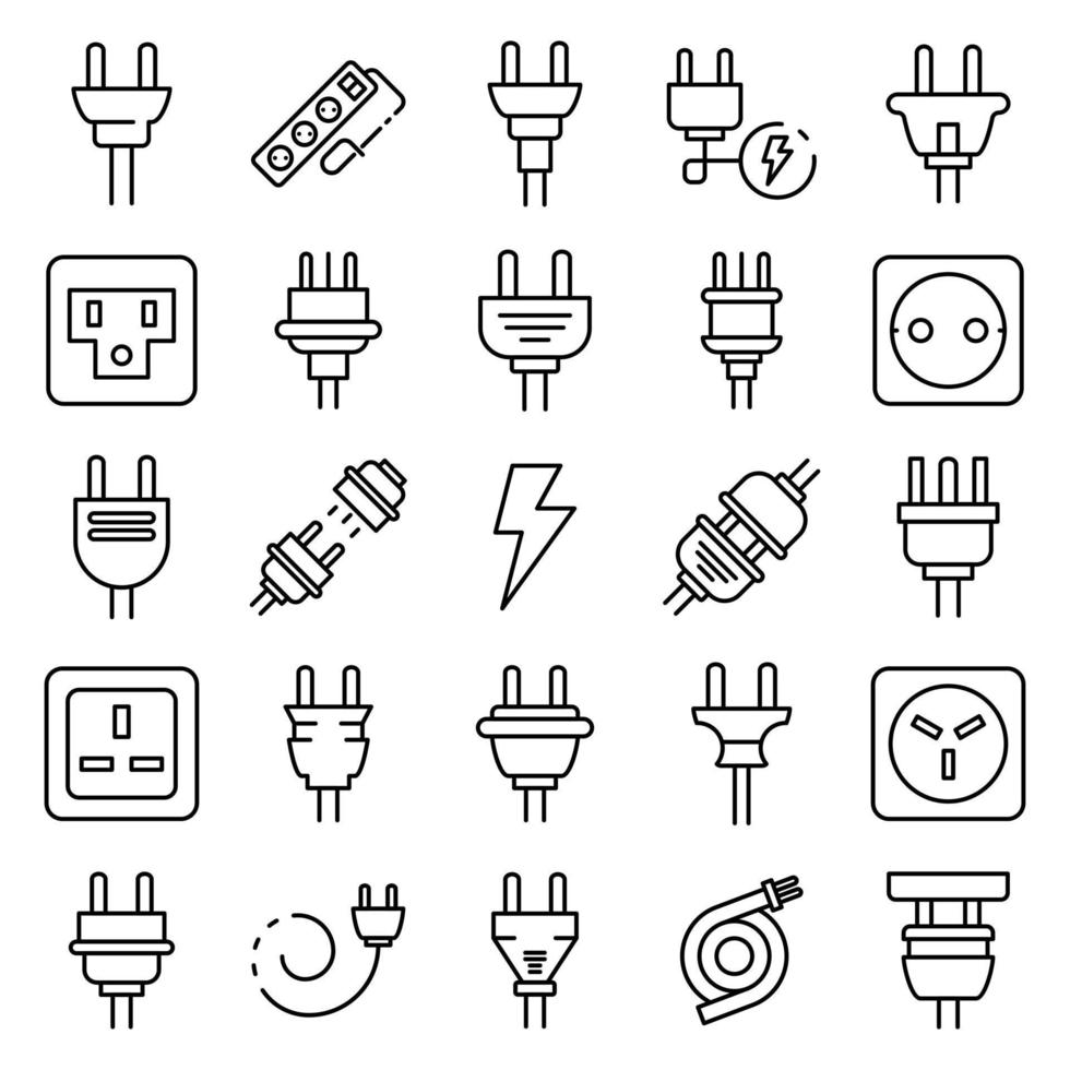 conjunto de iconos de cable de enchufe, estilo de esquema vector