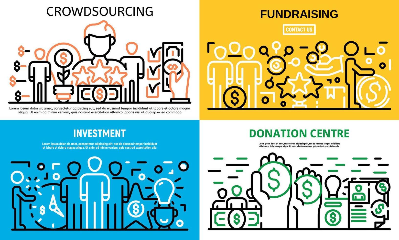 conjunto de banners de ideas de crowdfunding, estilo de esquema vector