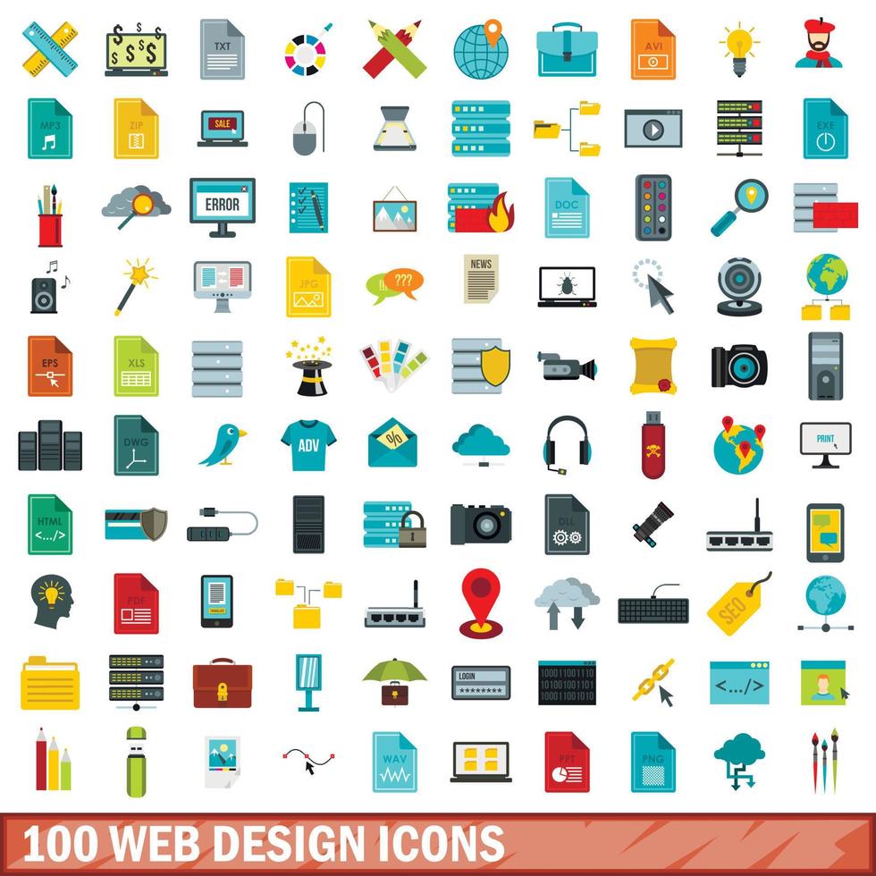 100 web design icons set, flat style vector