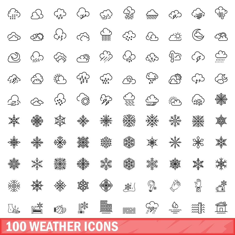 100 iconos meteorológicos establecidos, estilo de contorno vector