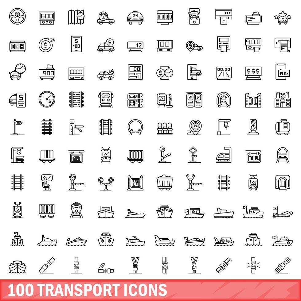 100 transport icons set, outline style vector