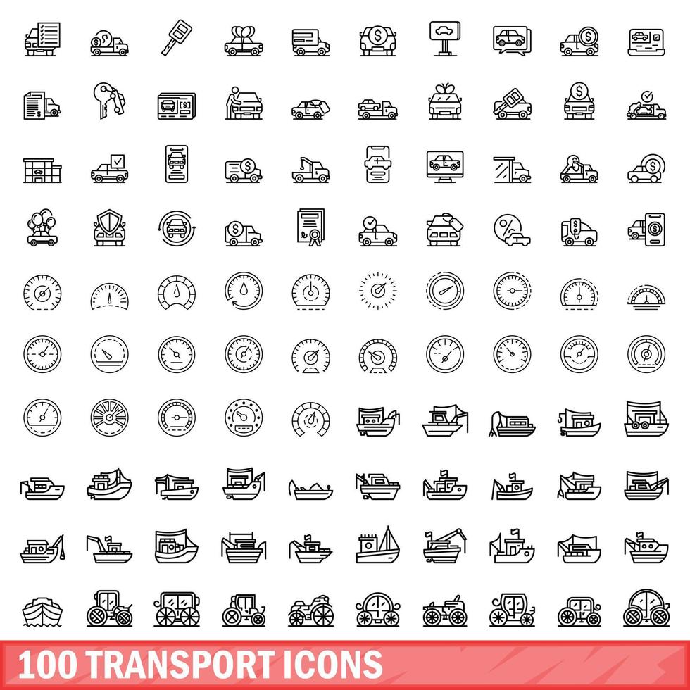 100 transport icons set, outline style vector