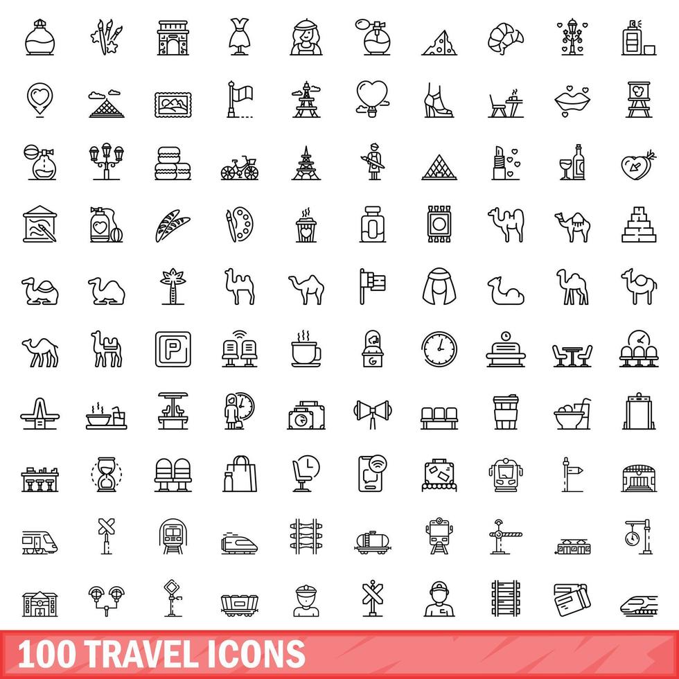 100 travel icons set, outline style vector
