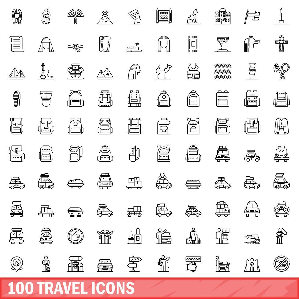 100 travel icons set, outline style vector