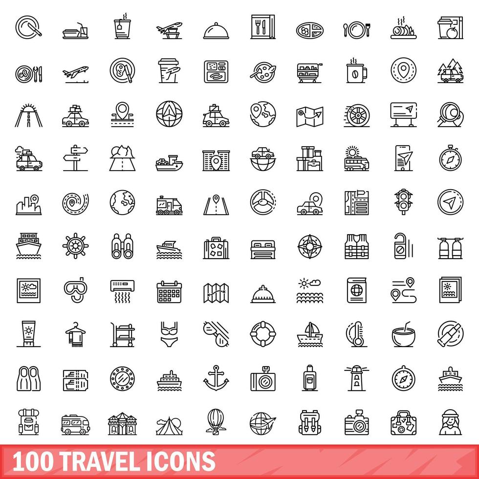 100 iconos de viaje, estilo de esquema vector