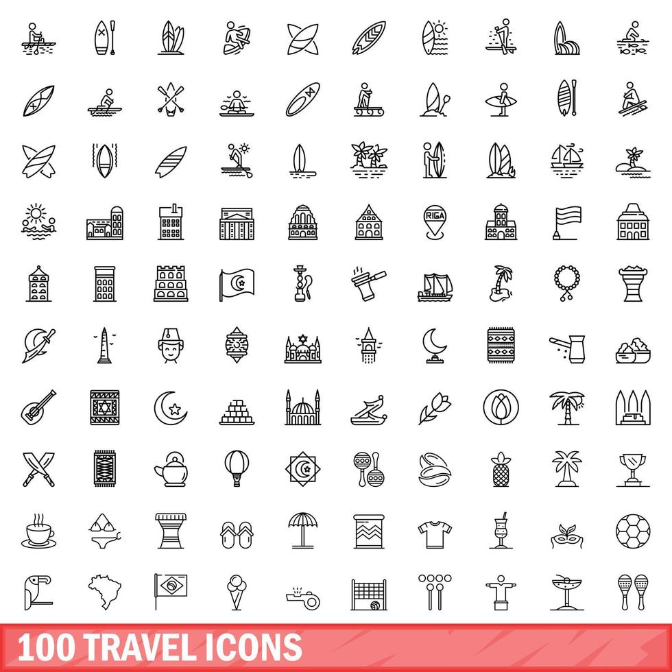 100 travel icons set, outline style vector