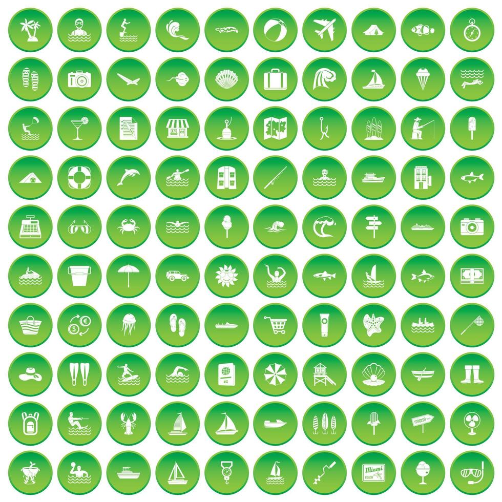 100 water icons set green circle vector