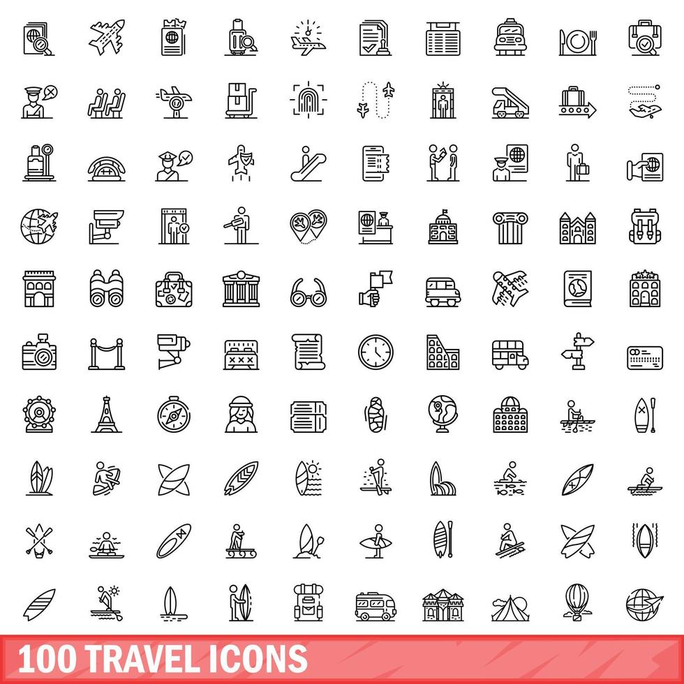 100 iconos de viaje, estilo de esquema vector