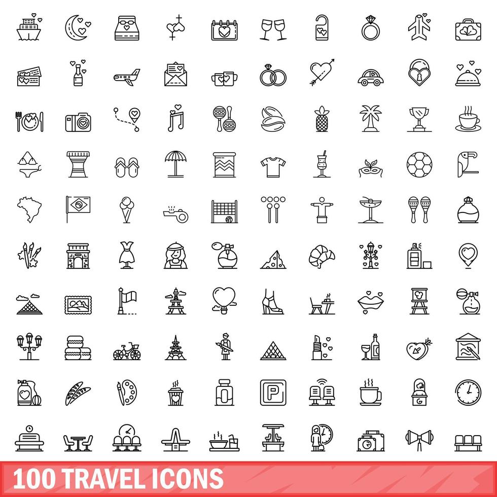 100 travel icons set, outline style vector