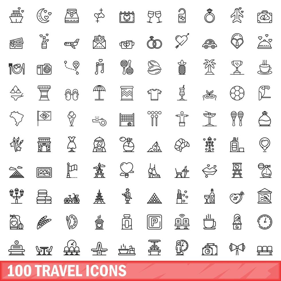 100 travel icons set, outline style vector