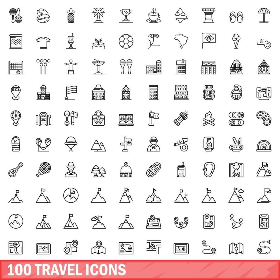 100 travel icons set, outline style vector