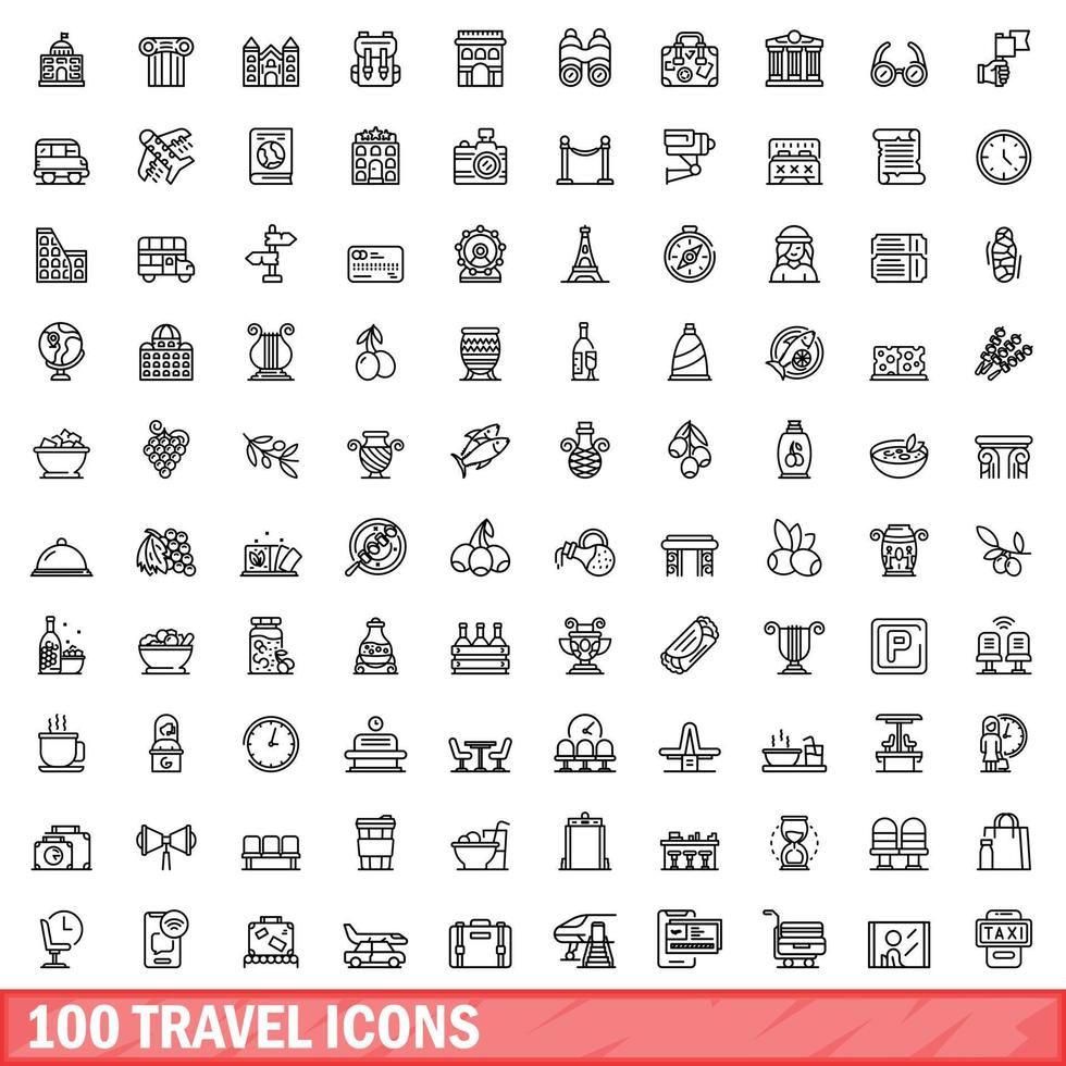 100 iconos de viaje, estilo de esquema vector