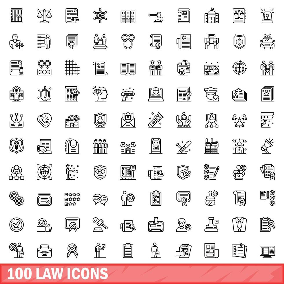 100 law icons set, outline style vector