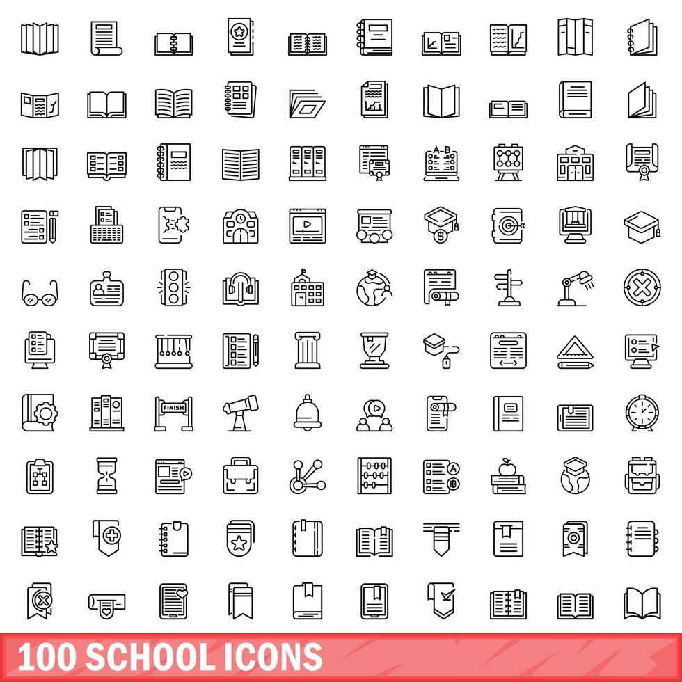 100 school icons set, outline style vector