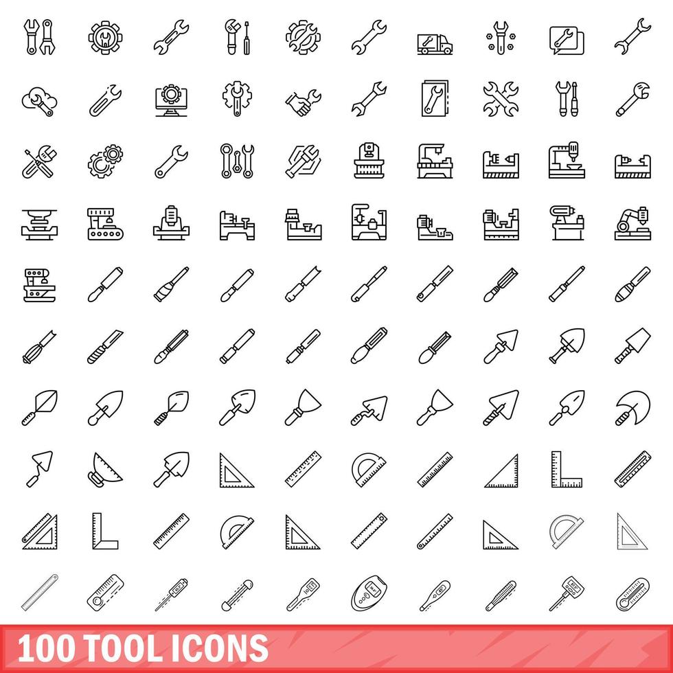 100 tool icons set, outline style vector