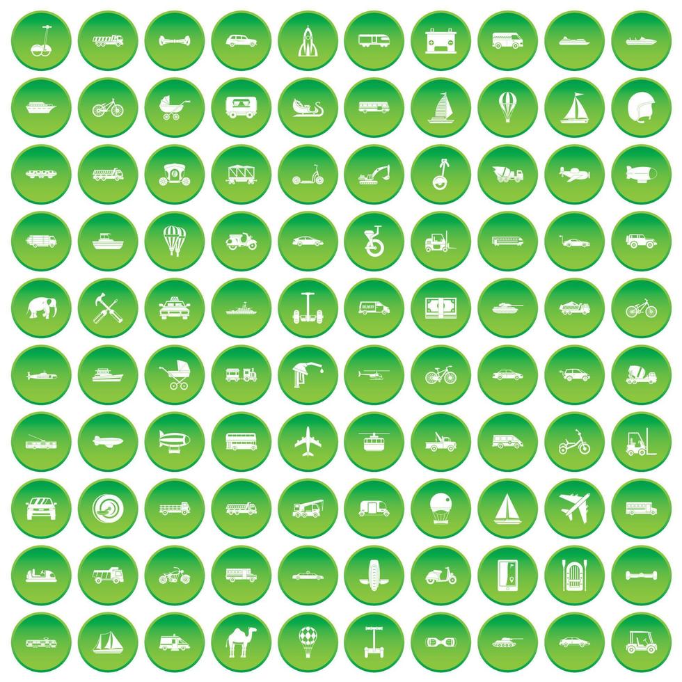 100 transport icons set green circle vector