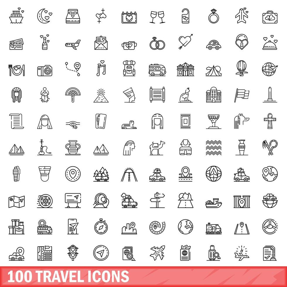 100 travel icons set, outline style vector