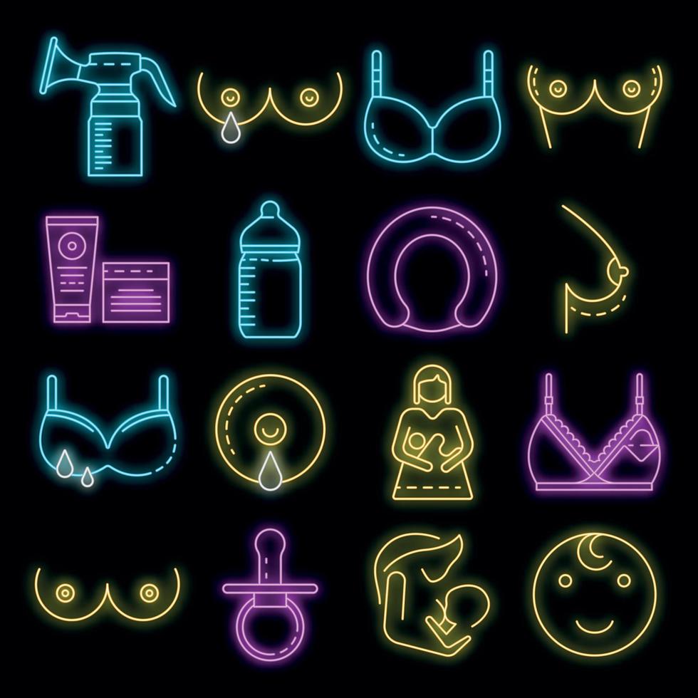 Breastfeeding icons set vector neon
