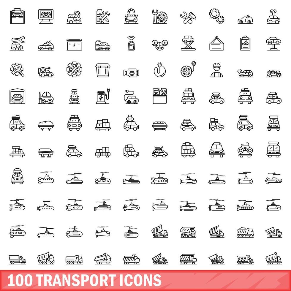 100 transport icons set, outline style vector