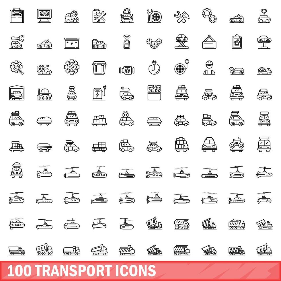 100 iconos de transporte, estilo de esquema vector