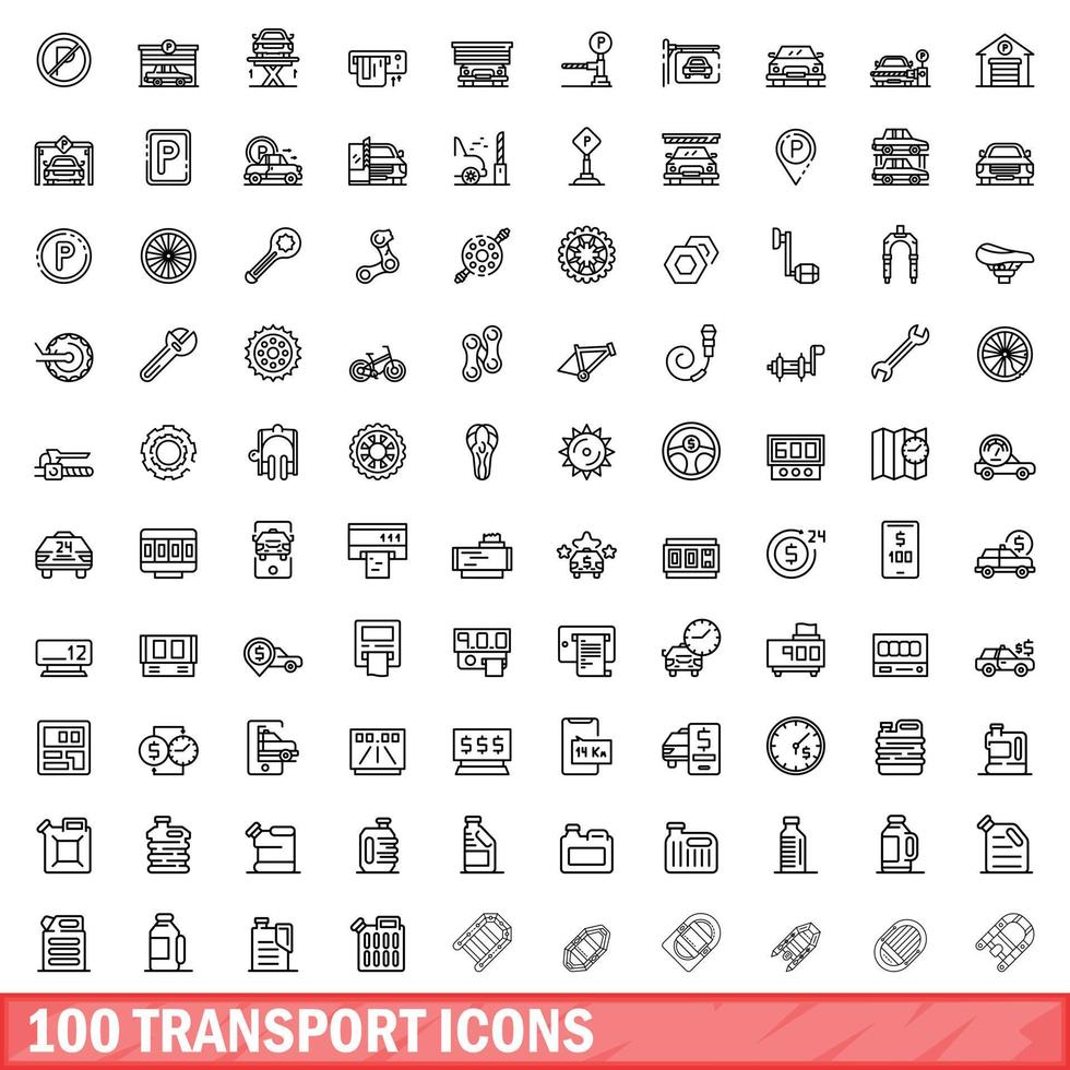 100 transport icons set, outline style vector