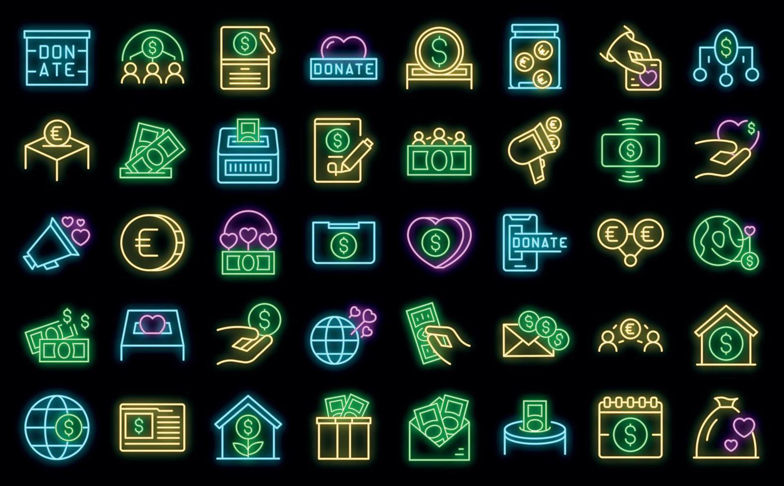 Fundraising icons set vector neon