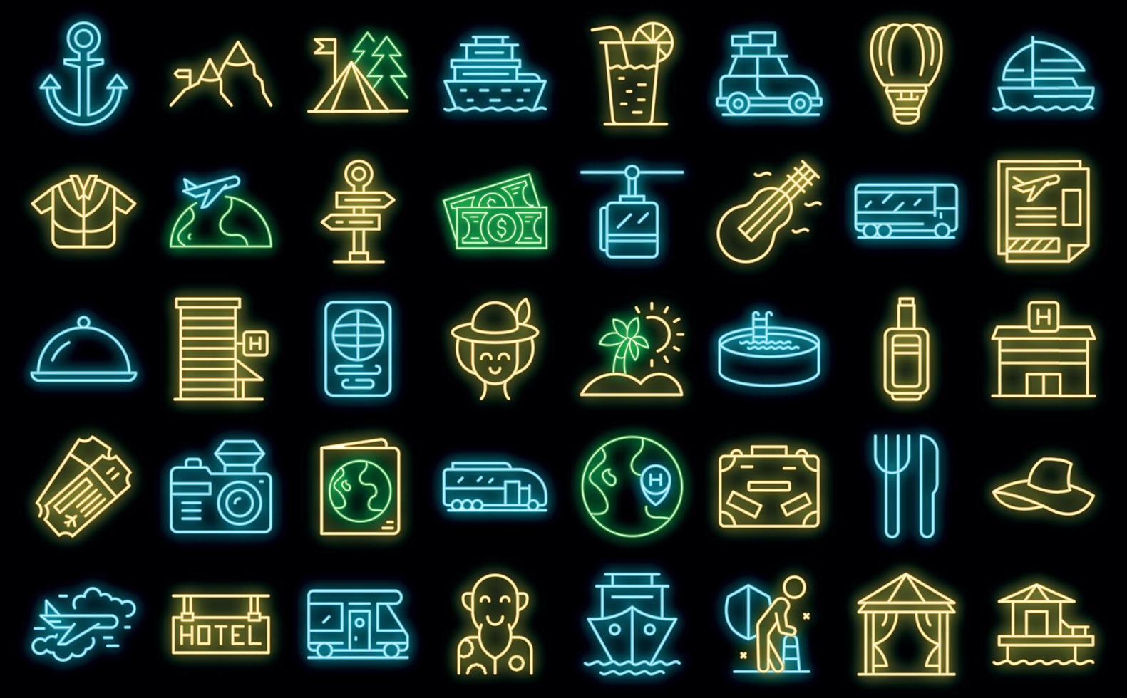 Retirement travel icons set vector neon