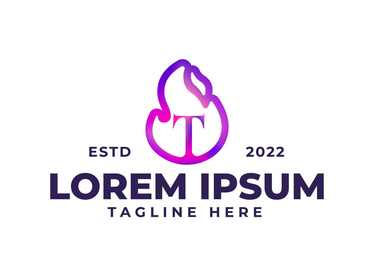T Letter fire flame outline shape purple gradient logo design vector