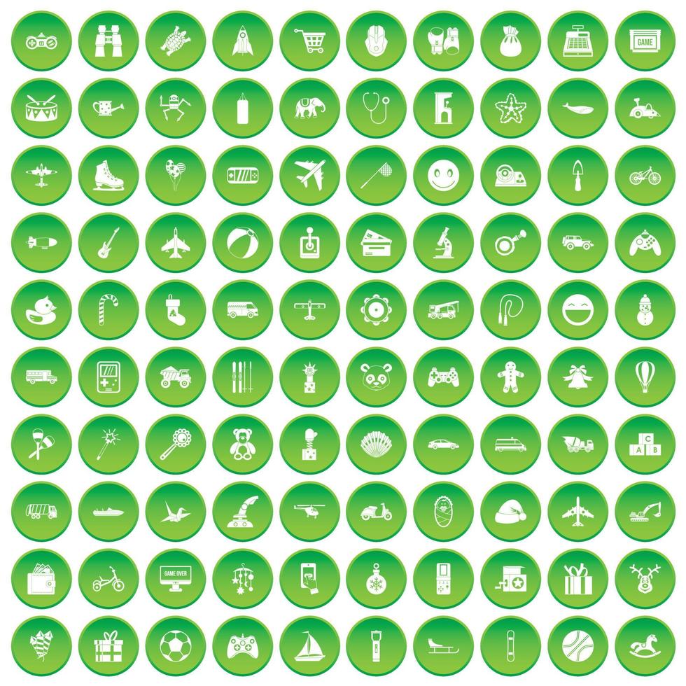 100 juguetes para niños iconos en círculo verde vector