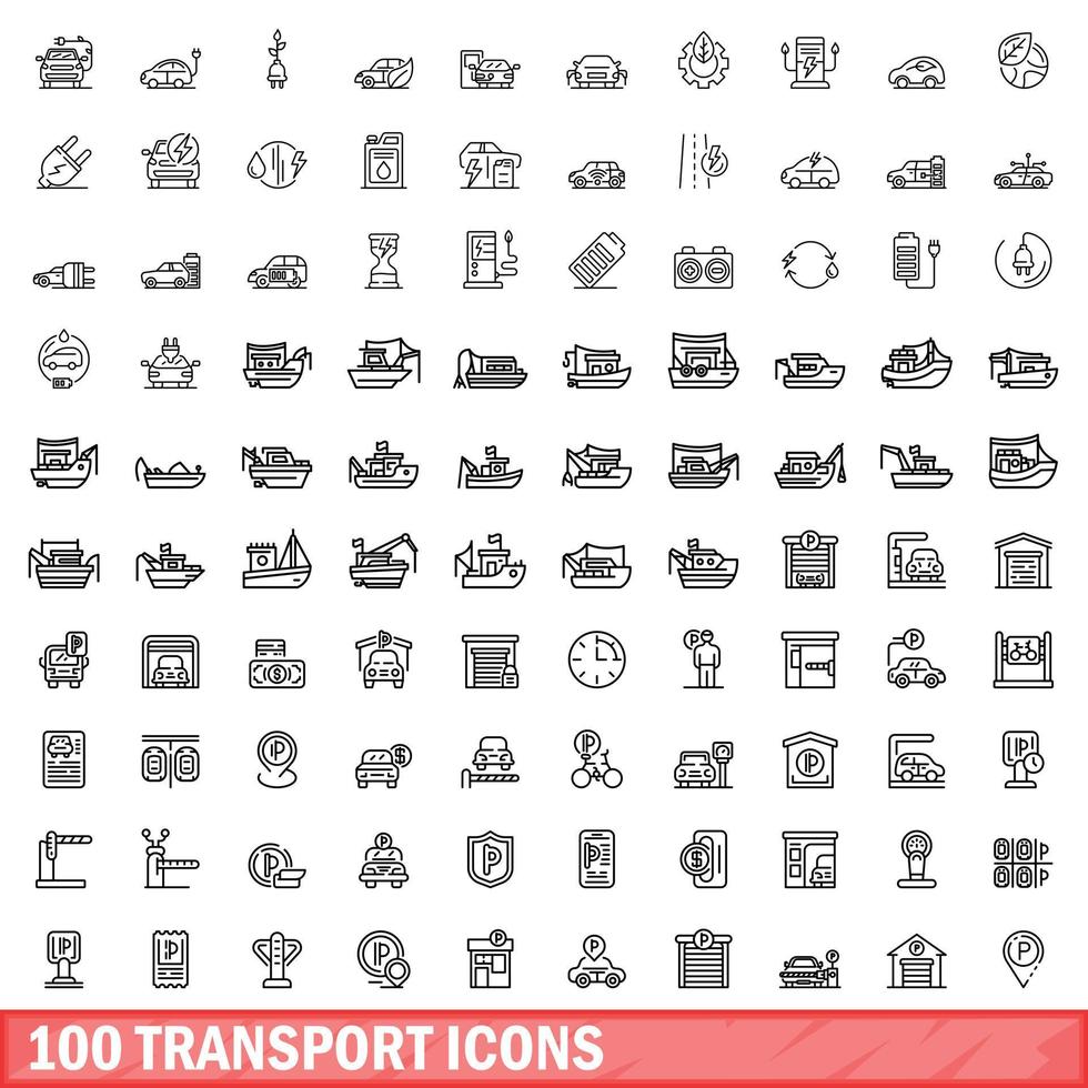 100 transport icons set, outline style vector