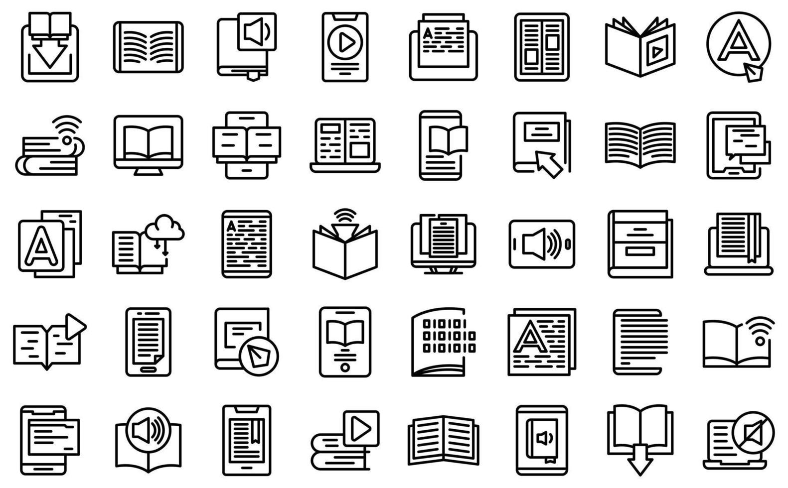 iconos de lectura digital establecer vector de contorno. libro de la biblioteca