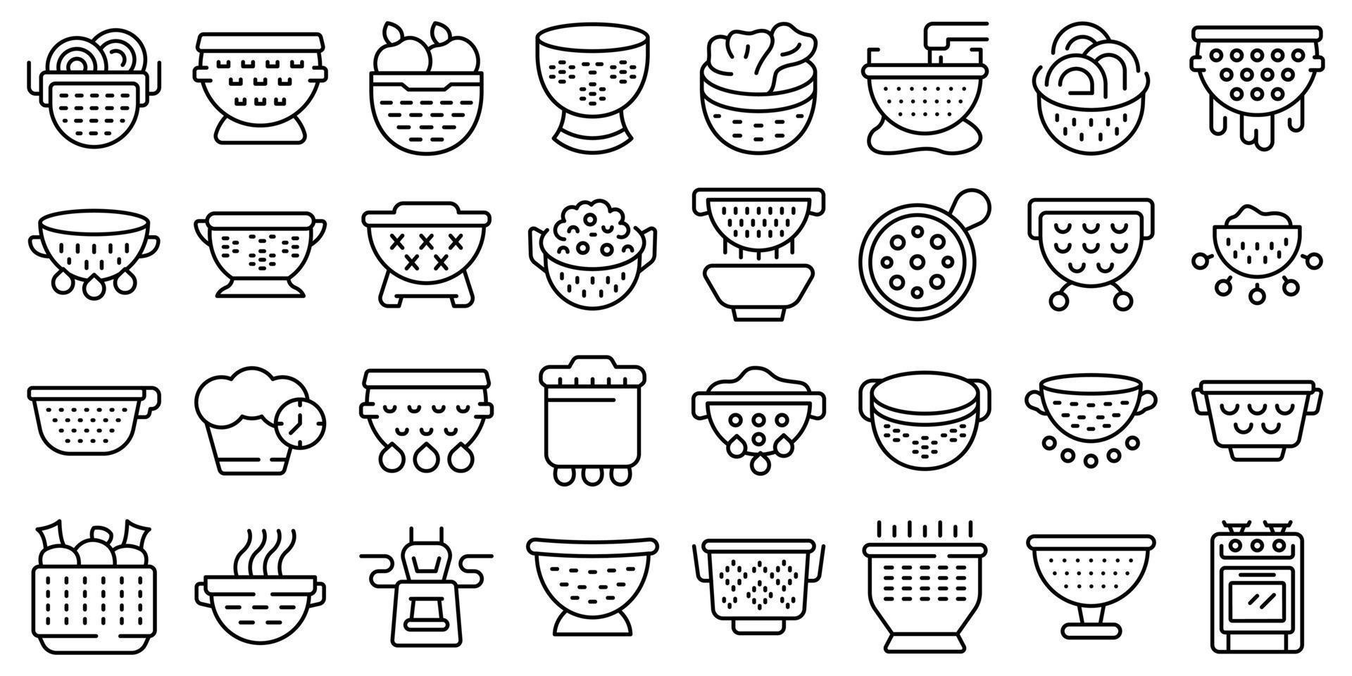 Colander icons set outline vector. Cook strainer vector