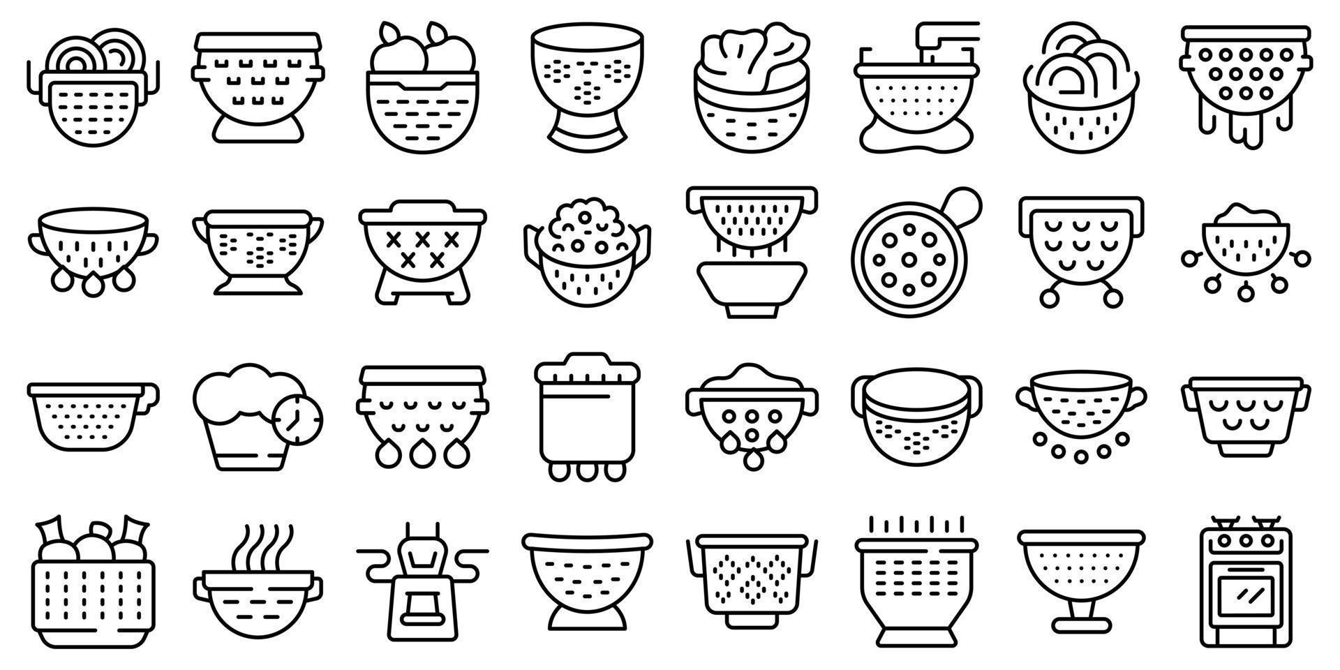 Colander icons set outline vector. Cook strainer vector