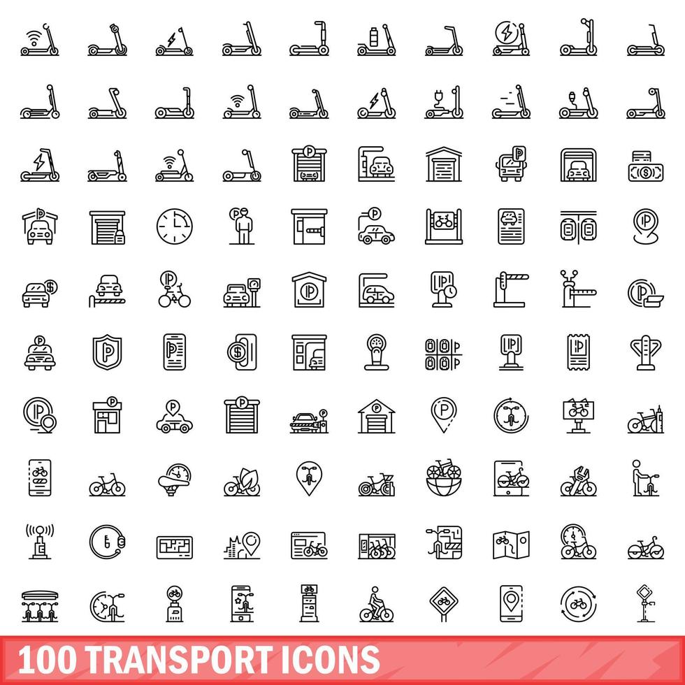 100 transport icons set, outline style vector