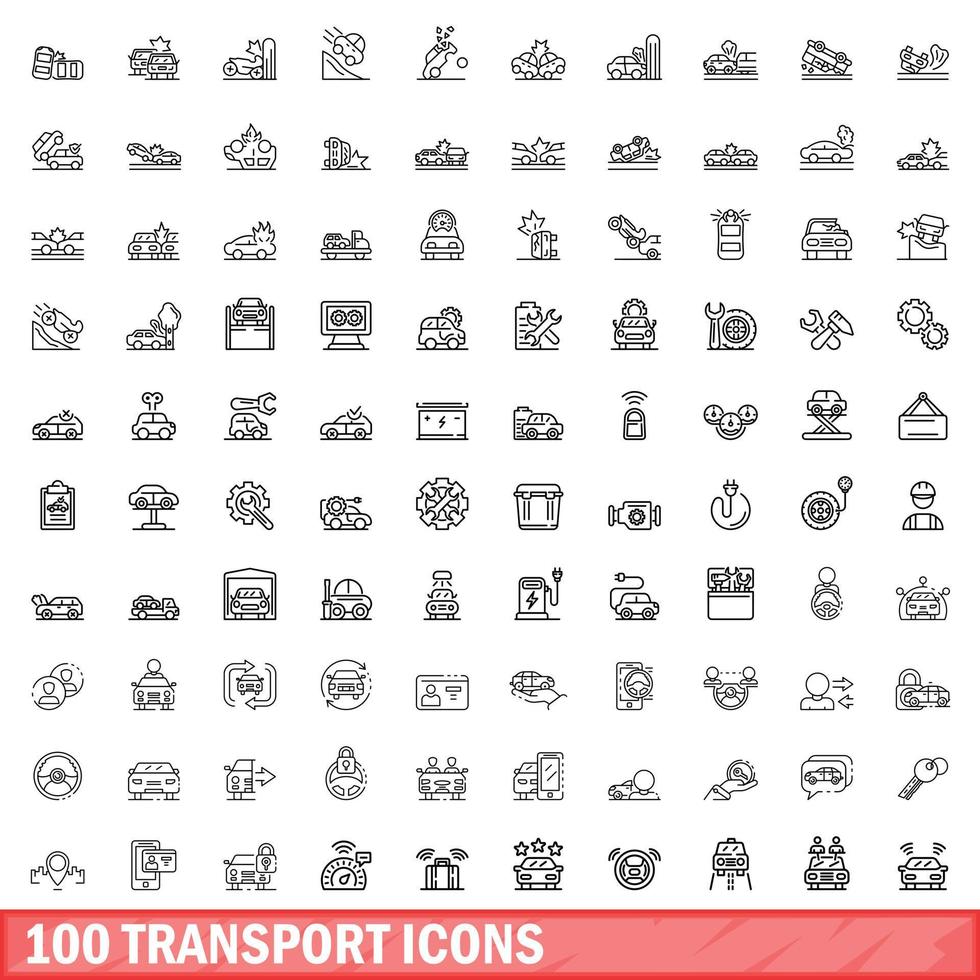 100 transport icons set, outline style vector