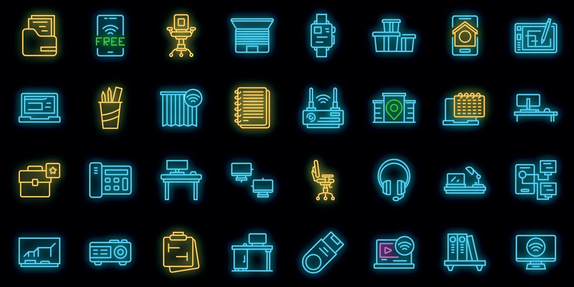 Smart office space icons set vector neon