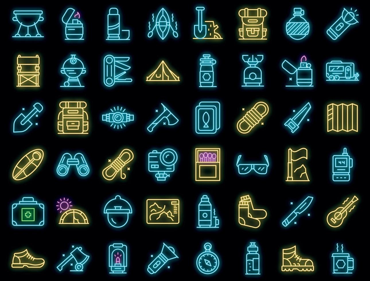 Equipment for hike icons set vector neon