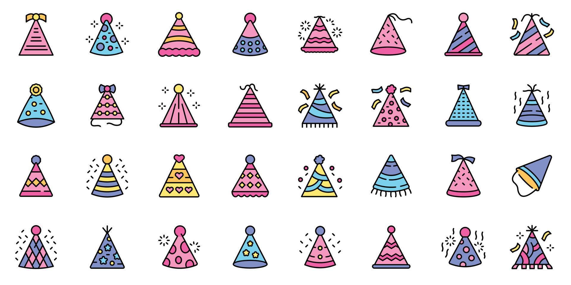 sombreros de fiesta, iconos, conjunto, línea, color, vector