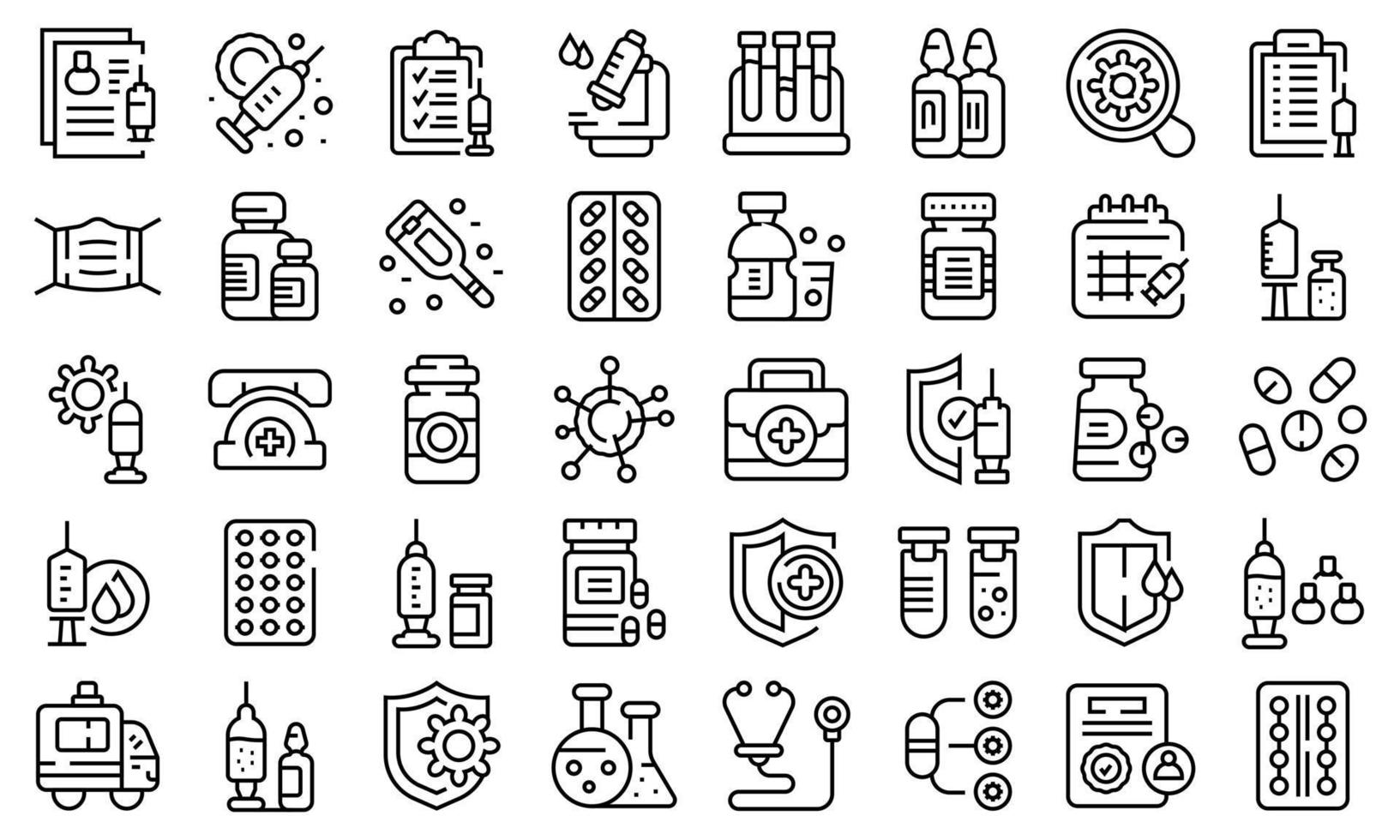 Antiviral medicines icons set outline vector. Covid syringe vector
