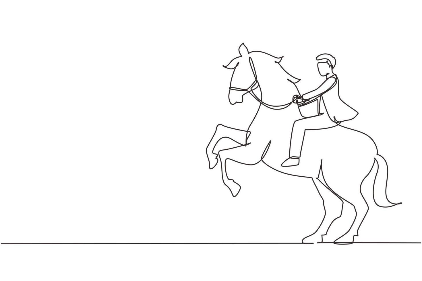 Single continuous line drawing businessman riding horse symbol of success. Business metaphor concept, looking at the goal, achievement, leadership. One line draw graphic design vector illustration