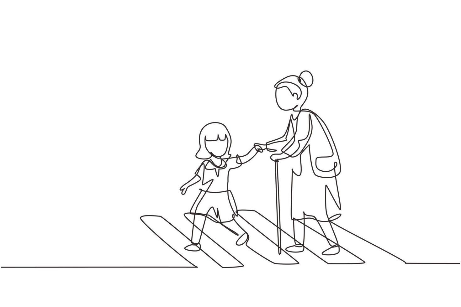 Single one line drawing little girl helps old woman to cross road at pedestrian crossing. Help grandmother crosswalk. Safety traffic. Modern continuous line draw design graphic vector illustration