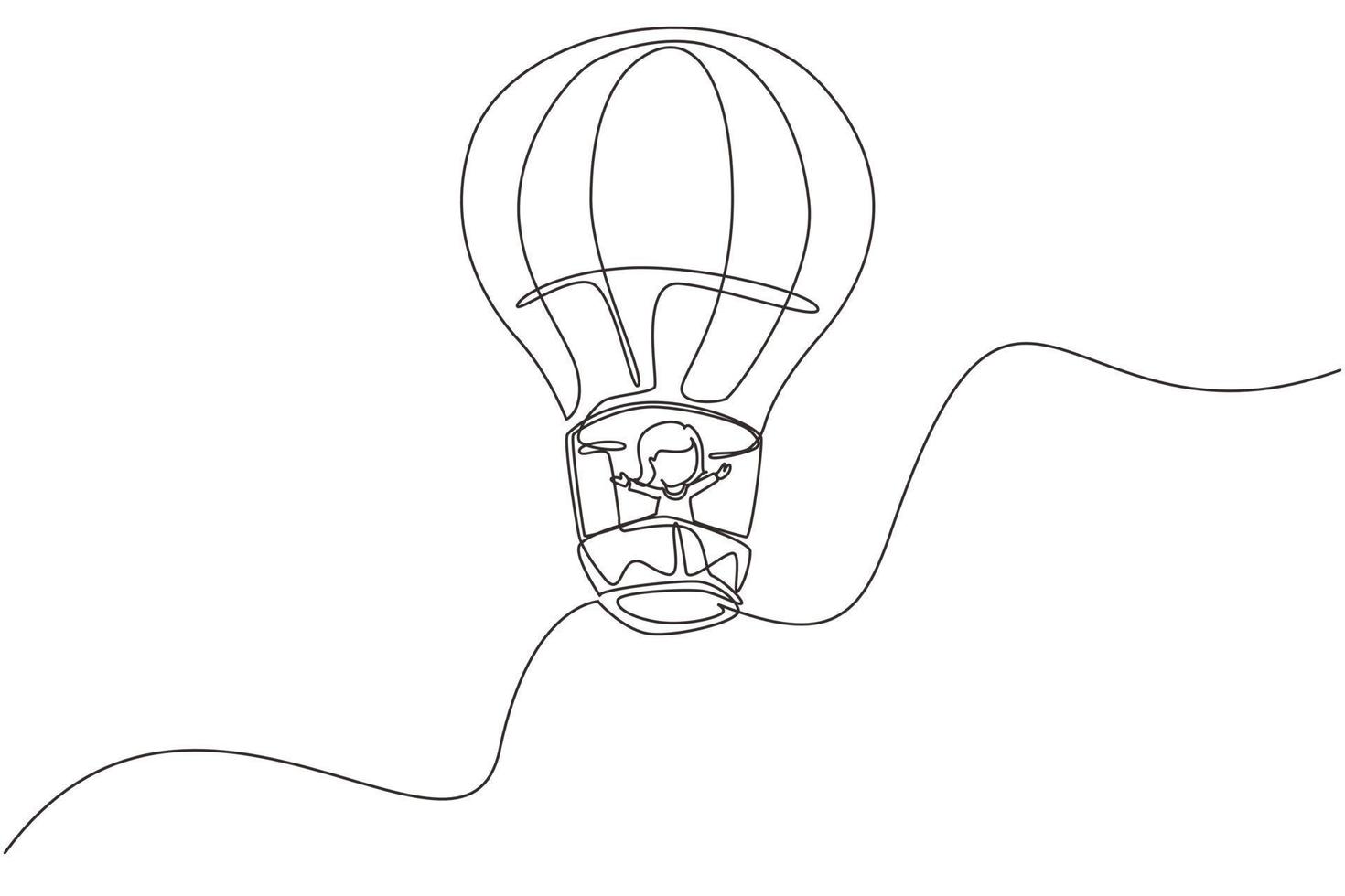 Single continuous line drawing little girl aeronaut in hot-air balloon at sky. Happy kid riding hot air balloon. Children on hot air balloon adventure. One line draw graphic design vector illustration