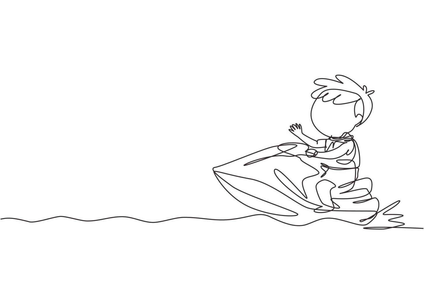 Continuous one line drawing active boy riding jet ski. Happy smiling child with rides water scooter on ocean waves. Summer water sport concept. Single line draw design vector graphic illustration