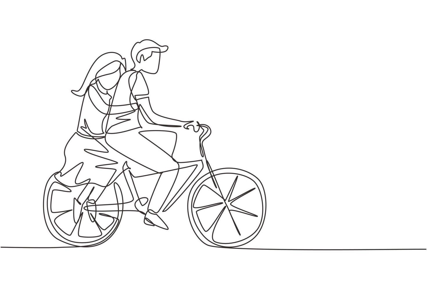 Continuous one line drawing romantic couple. Happy couple is riding bicycle together. Happy family concept. Intimacy celebrates wedding anniversary. Single line draw design vector graphic illustration