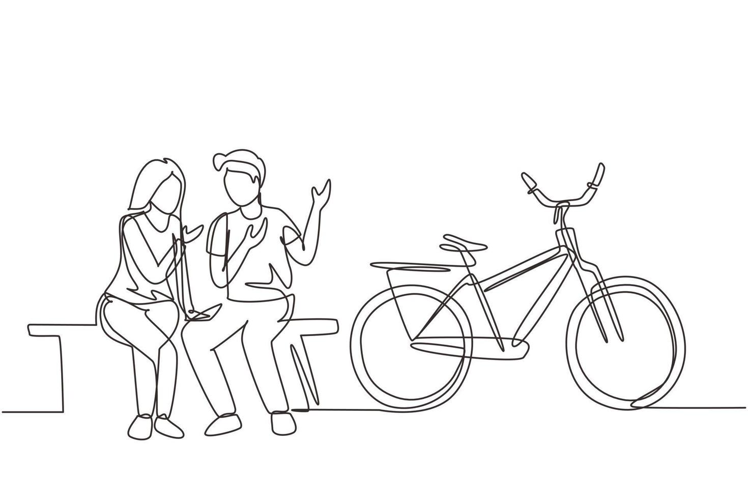 Single continuous line drawing romantic couple chatting while sitting on bench. Romantic teenage couple ride bike. Young man and woman in love. Dynamic one line draw graphic design vector illustration