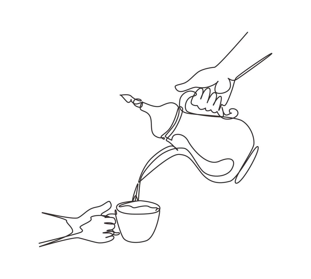 mano de dibujo de una sola línea continua que vierte café negro caliente de la cafetera árabe tradicional en la taza. preparar café en la fiesta familiar. olla de acero inoxidable. ilustración de vector de diseño de dibujo de una línea