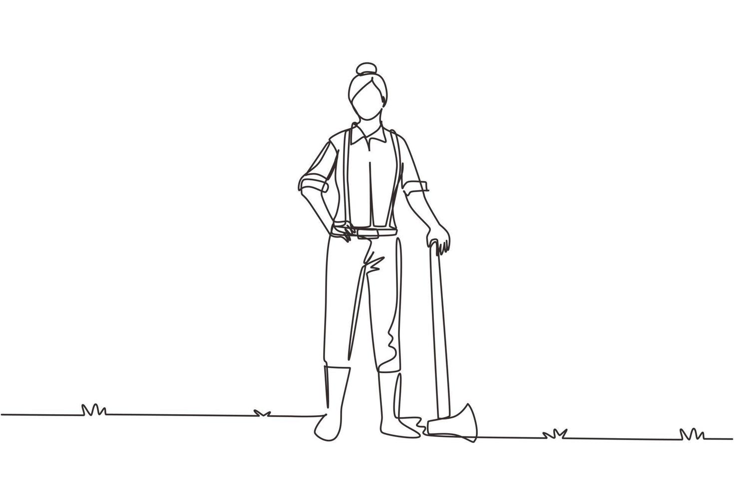 Single one line drawing woman lumberjack with axe standing wearing suspender shirt, jeans and boots. Female woodcutter pose on logging forest. Continuous line draw design graphic vector illustration